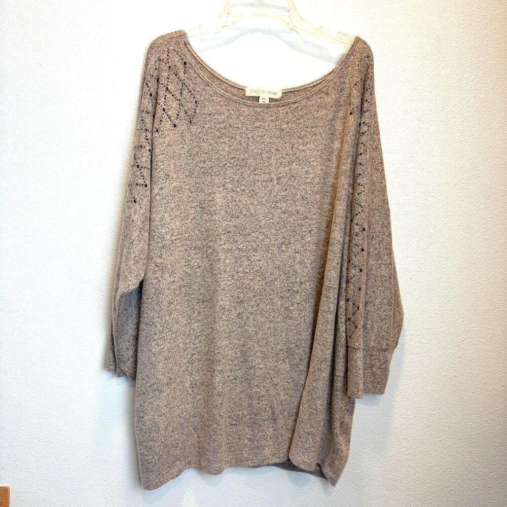 Cactus + Pearl XXL Beige Knit Top Beaded Diamond Tunic Casual oversized Neutral